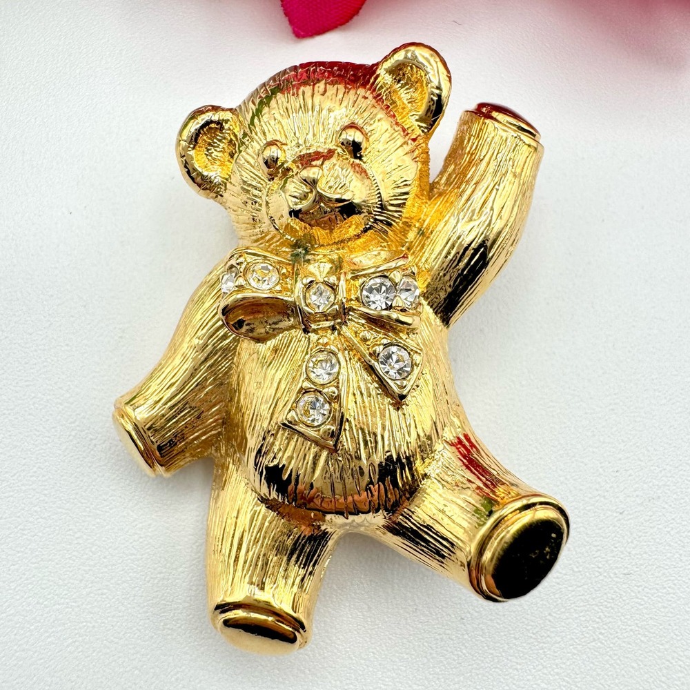 Vintage Avon Waving Teddy Bear Rhinestone Bow Gold Tone